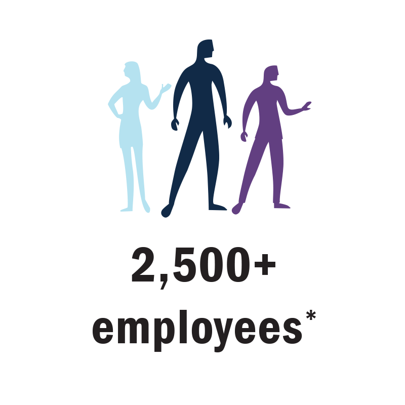 2,500+ employees icon with outlines of people in shades of blue.
