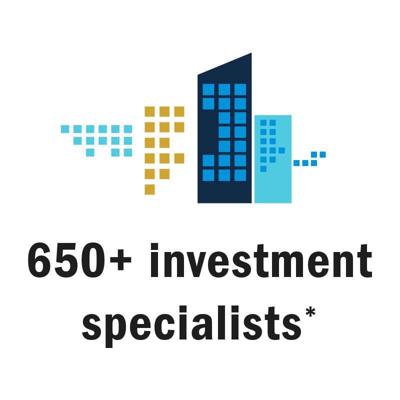 650+ investment specialists with buildings in shades of blue.