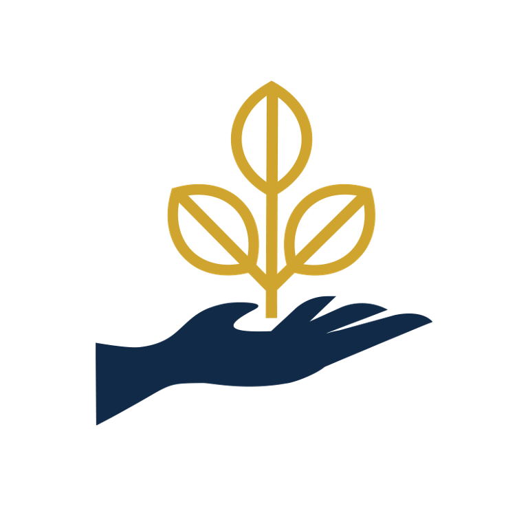 Navy blue hand icon holding a golden yellow plant.