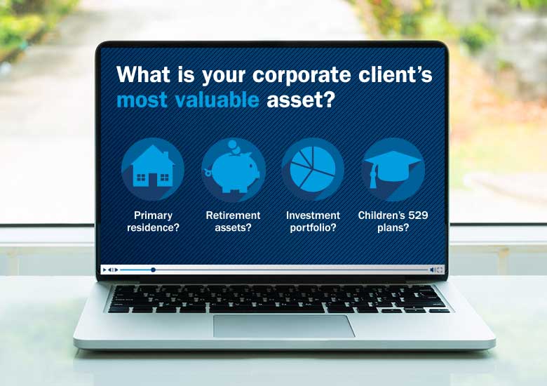 Laptop sitting on desk that reads what is your corporate client's most valuable asset? Primary residence? Retirement assets? Investment portfolio? Children's 529 plans?