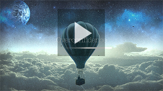 Overconfidence video screenshot with hot air balloon above some clouds