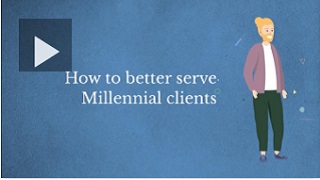 Find new ways to reach millennial clients video screenshot with animated blonde haired and beared man wearing dark pants, white shirt and dusty pink cardigan