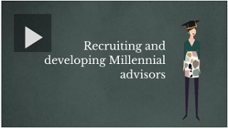 Attract and retain millennial advisors video screenshot with animated woman wearing green top, patterned skirt and graduation cap