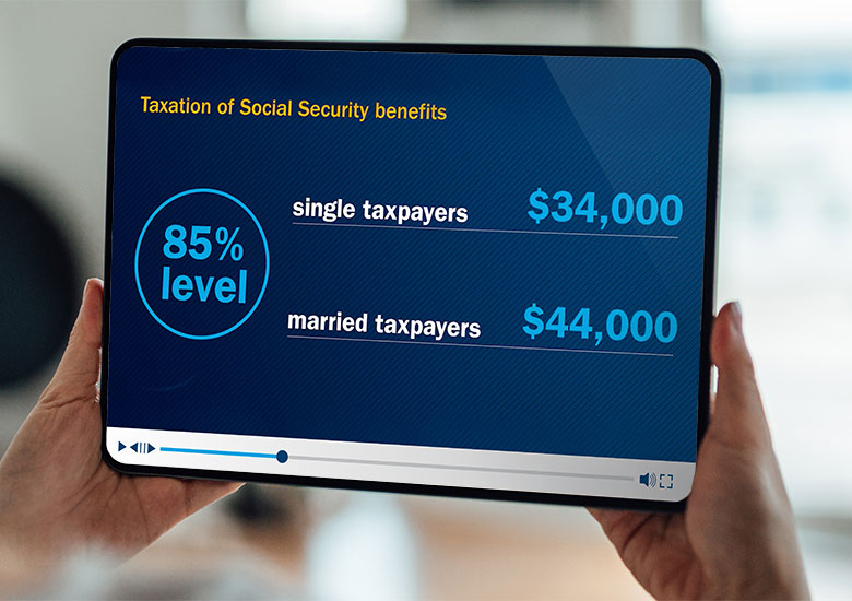 Hands holding tablet. Tablet reads taxation of social security benefits at 85% level with $34,000 for single taxpayers and $44,000 for married taxpayers.